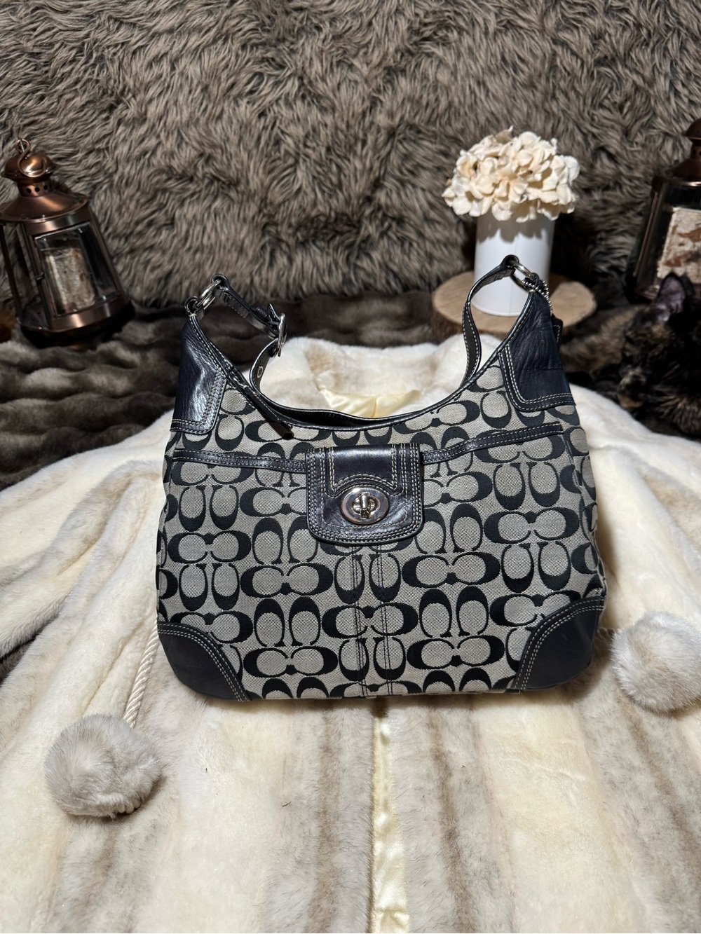 Coach Gray and Black Signature Canvas Hobo Bag